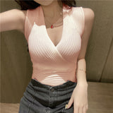 Summer New Dark V-Collar Sexy Low-Cut Knitted Vest For Women With 12-Color Slim Striped Solid-Color Bottomed Blouse-Outfit