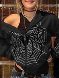 Spider Print Zip-Up Hoodie-Outfit