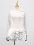 Fongt Summer New Dress Femininity Elegant Fashion Round-Neck Long-Sleeved Mesh Three-Dimensional Flower High-Waisted