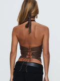 Fongt Retro Brown Leather Ring Decoration Hanging Neck Vest Sexy Back Strap Strap Short Top