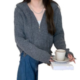 Autumn And Winter New Simple Fringed Broken-Rimmed Hooded Sweater Loose Korean Version Short Zipper Sweater-Outfit