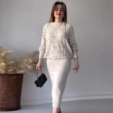 Fongt 2023 New Fashion Solid Color Hollow-Out Round Collar Top Casual Knit Skirt Suit-Outfit