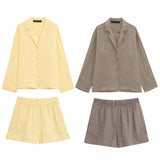 Fongt Women's Explosive Linen Long-Sleeved V-Neck Casual Shirt + Shorts Set