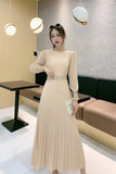 Fongt Ripe Wind High Waist Round Collar Dress Spring And Autumn New Temperament Solid Color To Show Thin Waist Swing 100 Rhetum Long Skirt