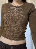 Dark Casual Gothic Vintage Printing Women T-shirts Grunge E-girl Long Sleeve Punk Cropped Tops Bodycon Ribbed Autumn