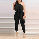 Temperament Women's Wear 2023 Women's Diagonal Shoulder Flounce Jumpsuit-Outfit