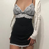 White Lace V-neck Black Slip Dress-Outfit