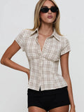 Fongt Style Organ Folds Solid Color POLO Collar Short-Sleeved Shirt To Close Short Buckle Umbilical Top