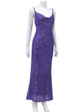 Purple Sequin Cowl Neck Backless Midi Dress-Outfit