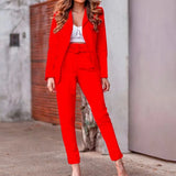 Women Solid Suit Coat Sets 2Pc Long Sleeve Cardigan Belt Trousers Suits Autumn Femme Formal Suit Coat Pencil Pants