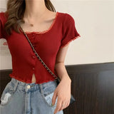 Women Patched Lace O-Neck Knitted Short Sleeve Thin Sweaters Cardigans Lady Single-breasted Buttons Sweater Crop Tops Female-Outfit