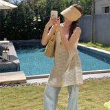 Fongt Spring And Summer Temperament Pure Color In The Long Knit Skirt Early Spring Small Design Sense Hollow Out Fold Wear Vest Dress Female-Outfit