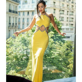 Sexy Hollow Water Drill Wrapped Side Hanging Neck Lemon Yellow Dress Stylish Hot Holiday Party