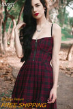 Girls Red Plaid Pleated Emo Alt Dress Y2K Zip Up Robe Femme Punk Black Spaghetti Strap Mini Short Jurken Goth