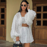 Fongt Women's Wear 2023 New Summer Long-Sleeved White Shirt Loose Suit Strapless High-Waisted Shorts Three-Piece Set-Outfit