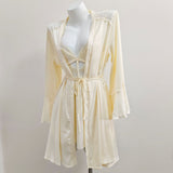 Fongt New French Romantic Lace Lairvoyal Night Coat Sexy Ice Ribbon Breast Pad Sling Short Skirt Homewear