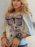 Fongt Niche Design Sense Retro Print Shoulder Short-Sleeved T-Shirt Hottie Side Shoulder-To-Shoulder-To-Shoulder-To-Shoulder-To-Wear Blouse