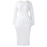 Fongt Women's 2025 Autumn/Winter Fashion V-Neck Long Sleeves Solid Colored Flawed Buffet OL Tongle African Dress