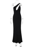 One Shoulder Deep Neck Open Back Black Maxi Dress-Outfit