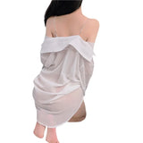 Sexy Chiffon Sling Dress Boyfriend Wind White Shirt Open Shoulder Pajamas Perspective Uniform Seduction