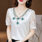 Neck Fashion Lace Satin Blouses Flower Embroidery Elegant 2023 Woman Summer Silk Short Sleeve Shirts Youth Top Blusas