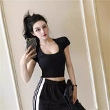Fongt Solid Color Slim Sexy Female Short Sleeve U Collar T Shirt Basic Korean Version Short Jacket Ebay-Outfit