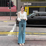Fongt Wash Light Blue High Waist Slim Slim Skinny Micro-Horn Jeans Women Spring And Autumn New Small Horses Hoes Long Pants