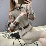 Fongt And Elegant Suit Fake Two Long Waist Dress Plaid Shirt Sweater Knit Two Set Inside-Outfit