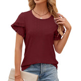 2024 New Round Collar Solid Color Petals Short-Sleeved Casual T-Shirt-Outfit