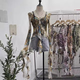 French Retro Oil Painting Wind Dyed Lotus Leaf Side Sling T-Shirts Long Sleeves Drifting Coat