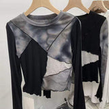 Fongt 2024 New, Tie-Dye Stitching Long-Sleeved T-Shirt Round Collar Slim Color Bright Line Design Short Top Women-Outfit