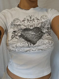 Vintage Heart Print Short Sleeves Tee-Outfit