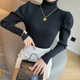 Puff Long Sleeve Turtleneck Knitted Sweater Pullovers Girls Solid Stretchy Streetwear Winter Thick Tops Jumpers Women-Outfit