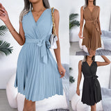 Shooting Spring And Summer Temperament Cross V Neckless Sleeveless Waist 100 Fold Dress Women's