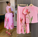 Fongt Fashion Set Women's Summer French High-Grade Folding Print Short-Sleeved Top + Loose A Word 100-Fold Long Skirt
