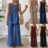 New Summer Sleeveless Solid Color Back Hollow Lace Suit Women's Clothing-Outfit