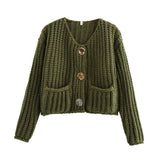 Fongt Women's Solid Color Single Buckle Double Pocket Short Thick Knit Shirt Coat Top B66004
