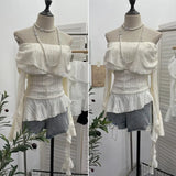 The Ballet Style Shoulder Fold Texture Texture Coat Irregularly Ribbon Horn Sleeve Short Shirt