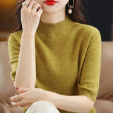 Fongt And Summer Loose And Versatile Wool Knit Short Sleeve Women Plus-Size Round-Neck Solid Color Bottom Knit T-Shirt Thin-Outfit