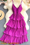 Women Beach Midi Dress 2023 New Summer Sexy V-neck Pleat Layer Ruffled Beach Dresses Ladies Elegant A Line Long Robe
