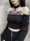 Dark Punk With Chain Off Shoulder T-shirts Gothic Sexy Backless Grunge Black Halter Crop Tops Long Sleeve Women Autumn
