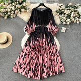 New Women's Dress Dress Oversized Printed Pleated Pleated Waist Belt Holiday Skirt-Outfit