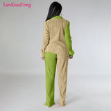 Loose Casual Women's Set Colored Toothpick Cloth Striped Long Sleeve Shirt Top Elastic Straight Leg Pants 2 Piece Set-Outfit