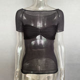 Through Mesh Crop Top Women Pullovers Strapless Short Knit Cropped Tops Ladies Tee Shirt Sexy Off-shoulder T-shirt-Outfit
