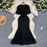 Fongt Woman Sexy Collar Short Sleeve Dress Female High-End Royal Sister Repair Hot Diamond Open Fork Long Fishtail Dress