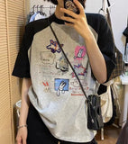 Cartoon Print Raglan Short Sleeve Tee-Outfit