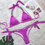 Fongt Sexy Bikini Color Female Split Straps Luxury Diamond Swimwear Metal Chain Accessories