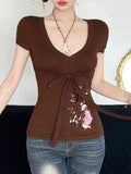 Fongt Print Niche Design Waist Tie With Short T-Shirt Hottie Simple Casual Top