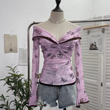 Vintage Oil Painting Print Collar A Word Twisted Folded Short-Sleeved Trumpet Blouse