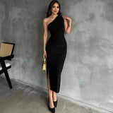 Fongt Summer New Oblique Shoulder Solid Color Open Slit Sleeveless Sexy Temperament Slim Dress